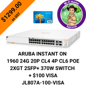 ARUBA INSTANT ON 1960 24G 20P CL4 4P CL6 POE 2XGT 2SFP+ 370WSWITCH + $100 VISA