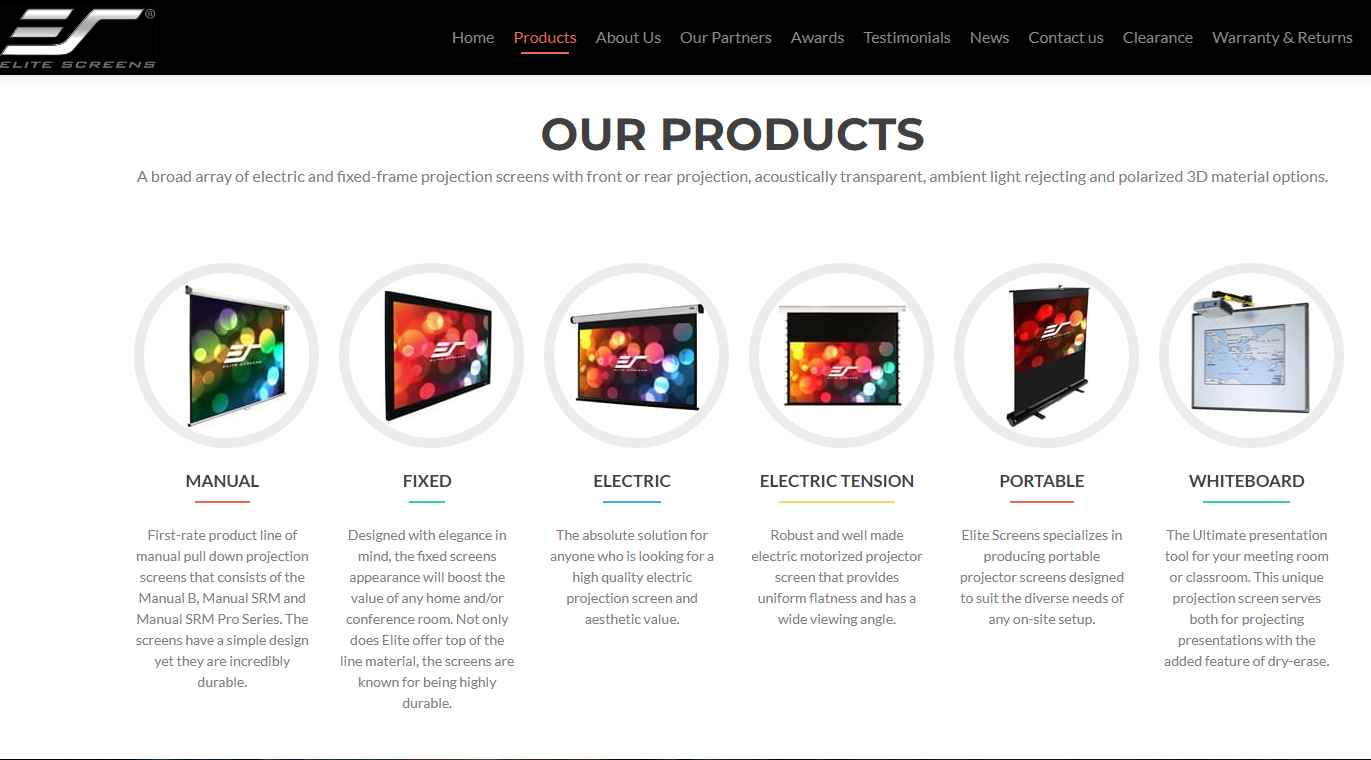 elite screens product selection