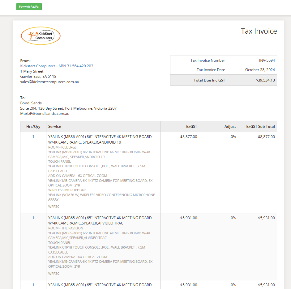 Yealink Meeting Board – Discontinued | See the New Yealink Meeting Board Pro 14 screen capture of bondi sands yealink meetingboard purchase - copy of invoice