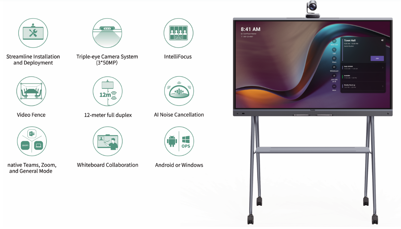 yealink meeting board pro on trolley with product highlights