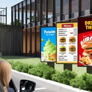 Outdoor displays in the drive-thru zone of the burger place showcase vibrant menus | SKU: 55XE4P-B