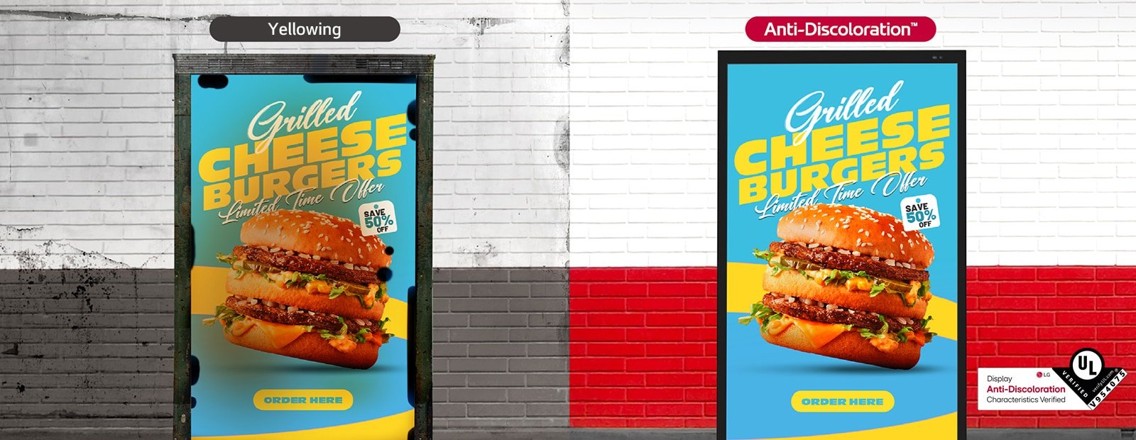 LG 55XE4P-B 55" High-brightness IP-rated Outdoor 7 Outdoor displays in the drive-thru zone of the burger place showcase vibrant menus | SKU: 55XE4P-B