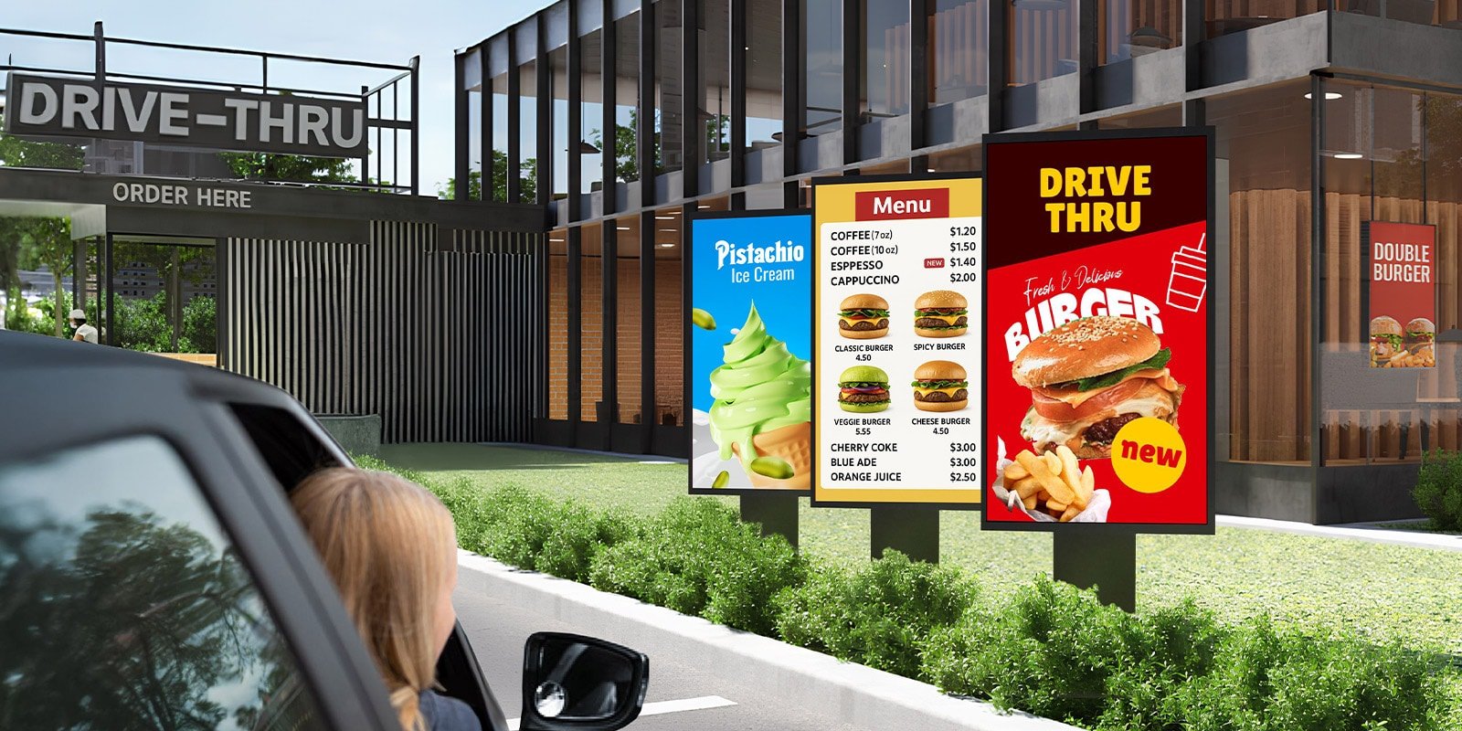 LG 55XE4P-B 55" High-brightness IP-rated Outdoor 1 Outdoor displays in the drive-thru zone of the burger place showcase vibrant menus | SKU: 55XE4P-B