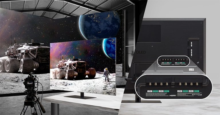 LG 65EP5Q 65" UltraFine OLED Pro 4 Filming in a studio with a large LED screen