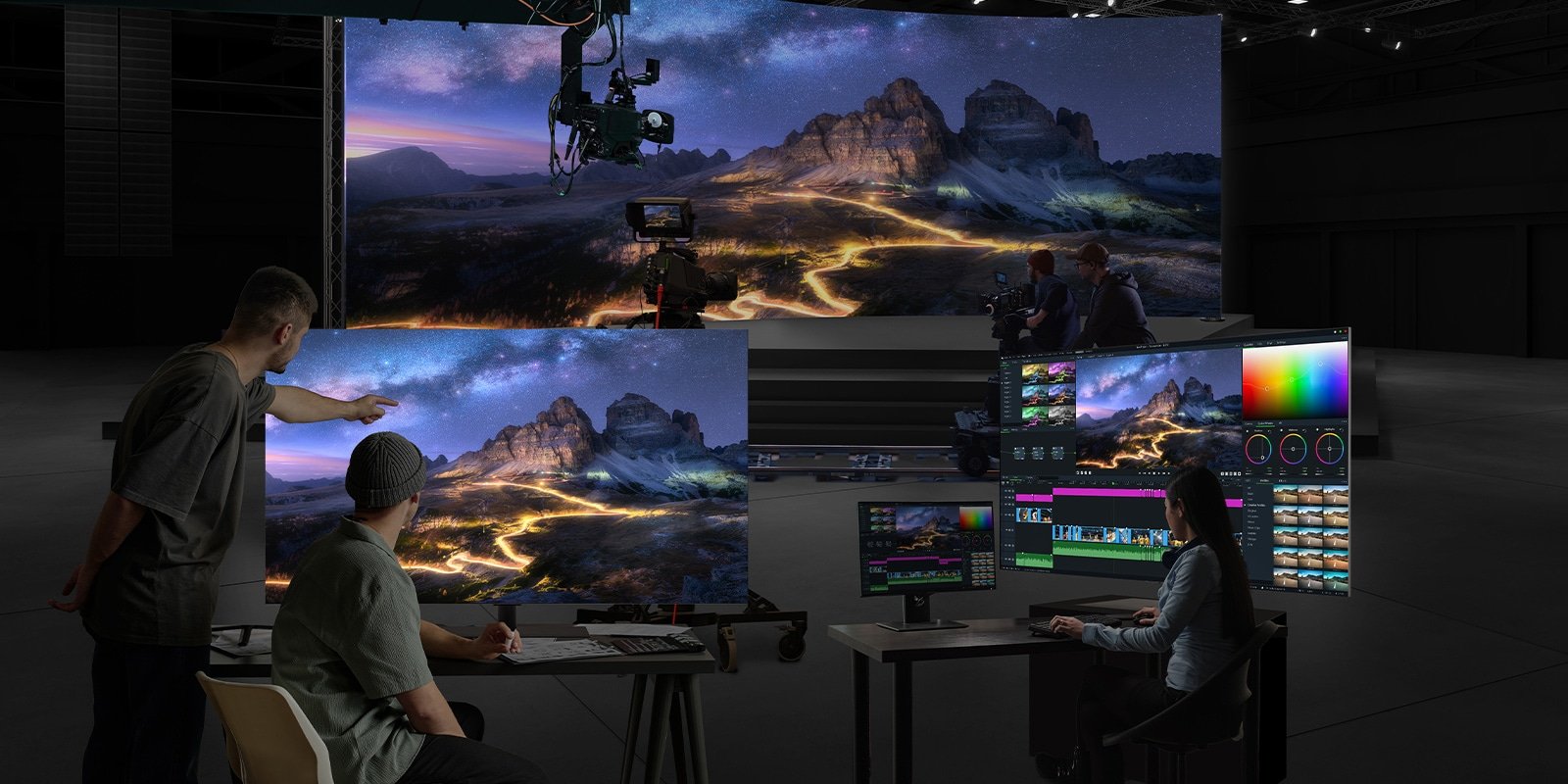 LG 65EP5Q 65" UltraFine OLED Pro 1 Filming in a studio with a large LED screen