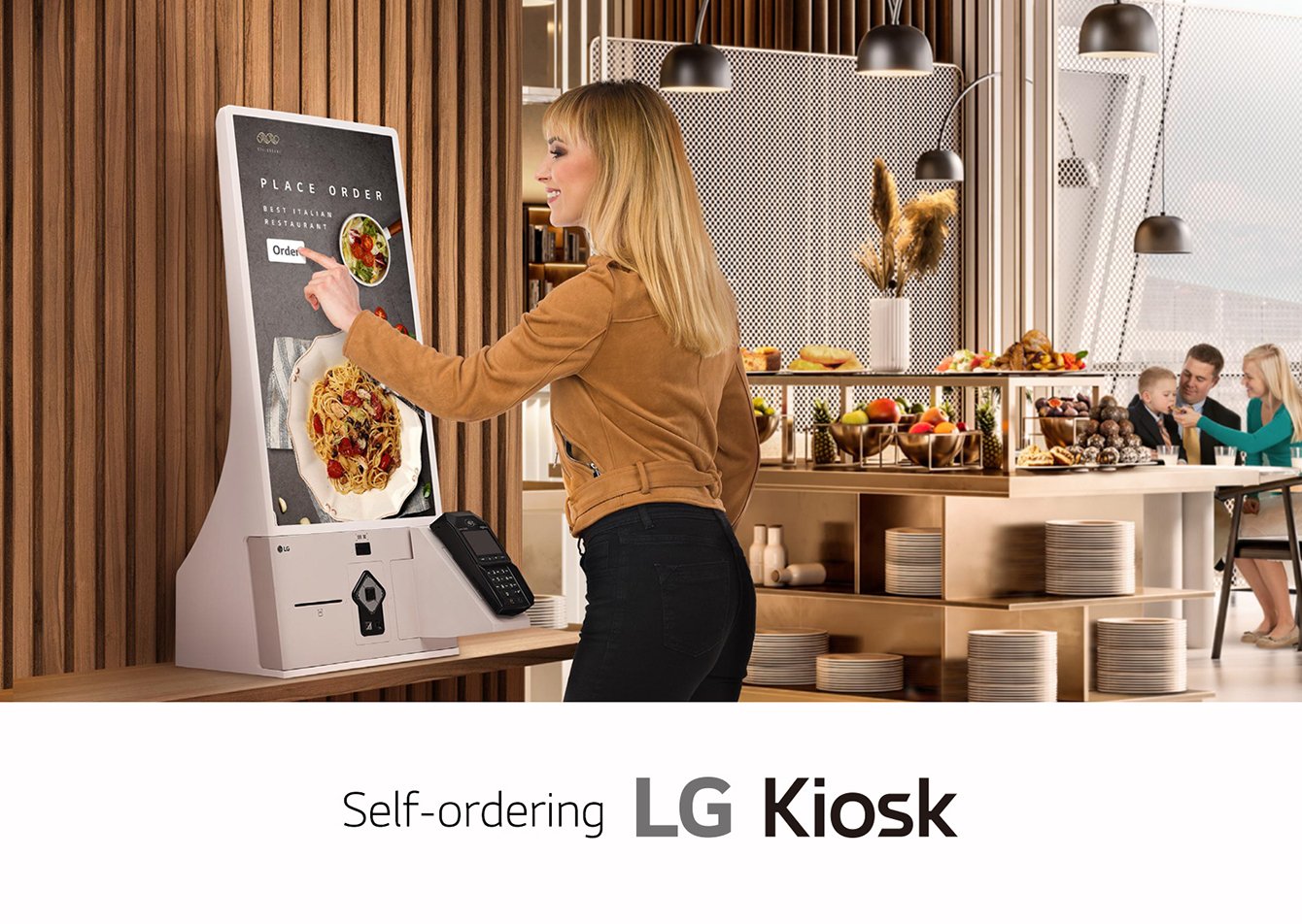 LG 27KC3K-C 27" Kiosk 16 A woman uses the 27 inch LG Kiosk (SKU: 27KC3K-C) digital directory board to order food at a family restaurant.