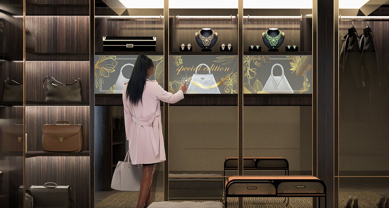 Transparent OLED Touch Signage at an upscale store display