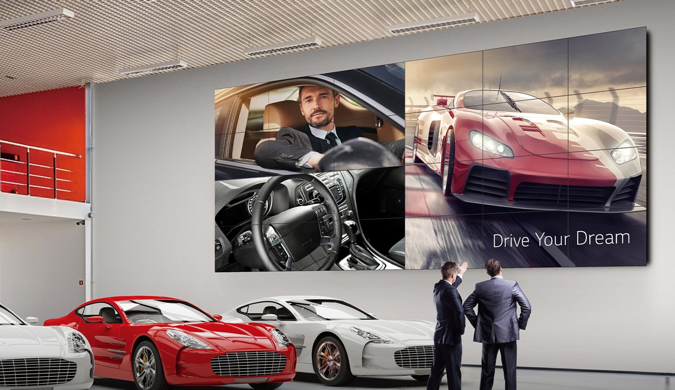 55 inch Slim Bezel Series video wall displaying car advertisement in showroom
