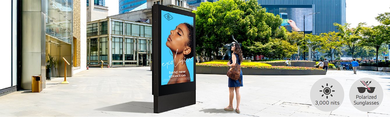 75XE3C 75 inch Outdoor Signage displaying various advertisements | LED screen for outdoor