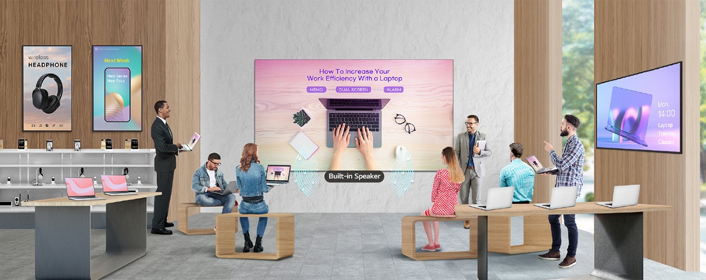 LG LAPA163 All-in-One LED 14 All-in-One LED LAPA163 55 inch screen in retail store showcasing products with led signage.