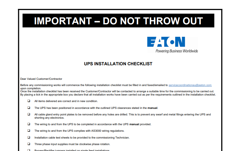 part screen capture of eaton ups checklist