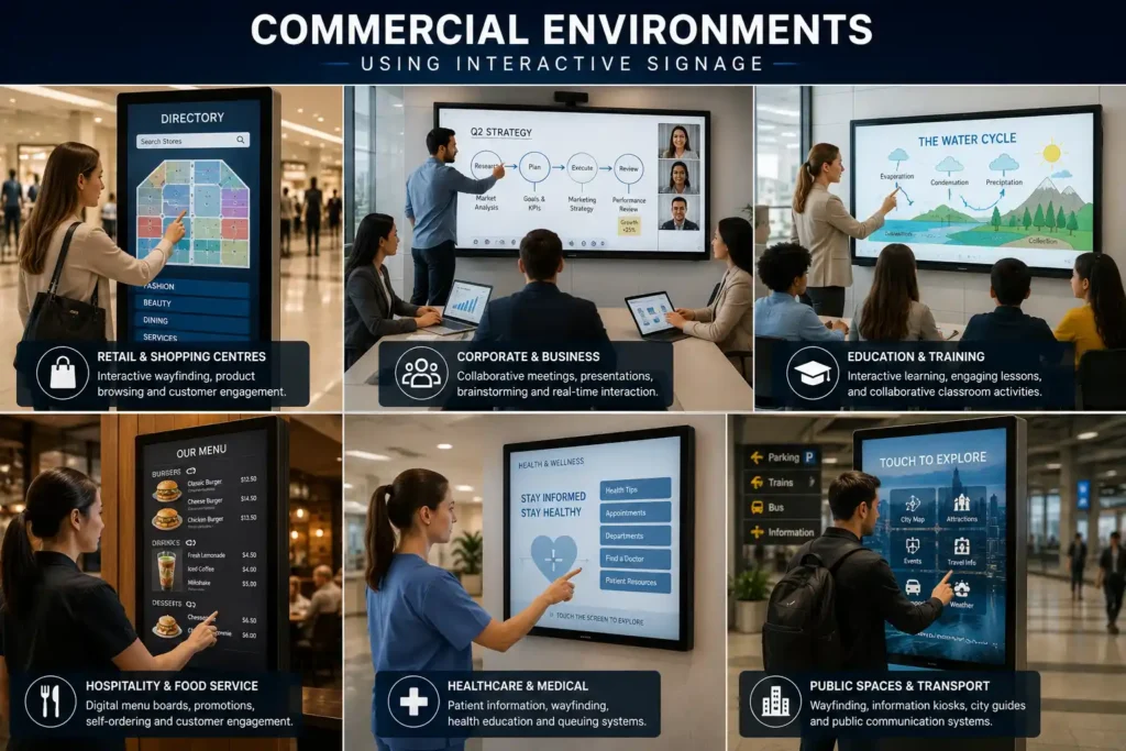 Commercial environments using interactive signage