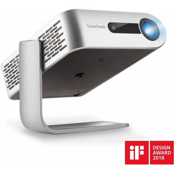 ViewSonic M1+_G2 Portable LED Projector | Commercial Digital Signage Display 1 ViewSonic M1+_G2 portable LED projector front view with 360° stand extended