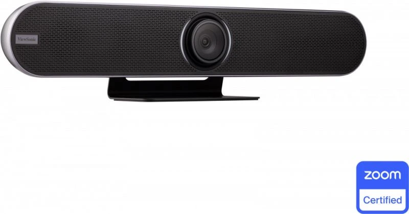 ViewSonic VB-CAM-201 4K Conference Camera | All-in-One Zoom Rooms Certified Webcam with Soundbar 2 VB-CAM-201 mounted on desktop bracket above monitor in corporate conference room setting