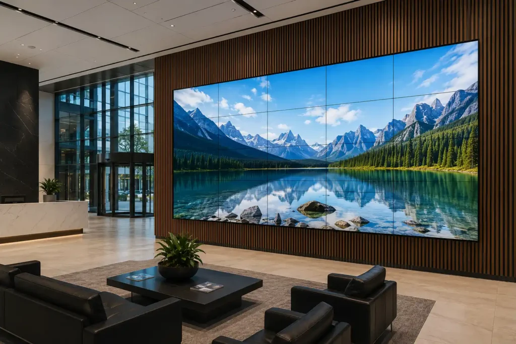 Commercial LCD tiled video wall installed in a corporate lobby environment showing brand content