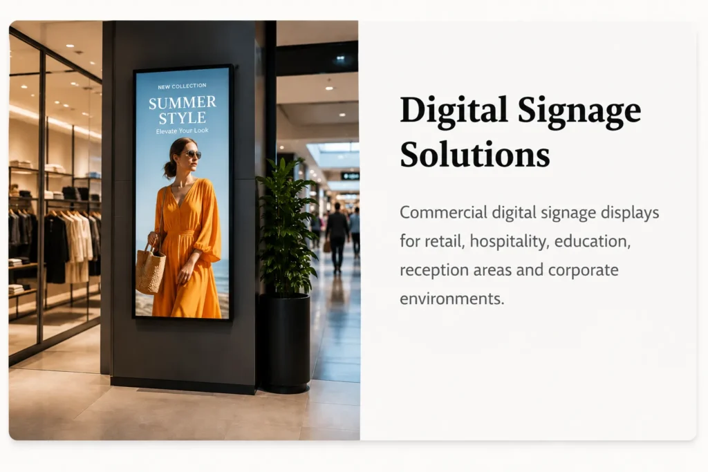Digital Signage, Video Conferencing & Computing Solutions 1 Commercial digital signage solutions display in a modern retail shopping environment