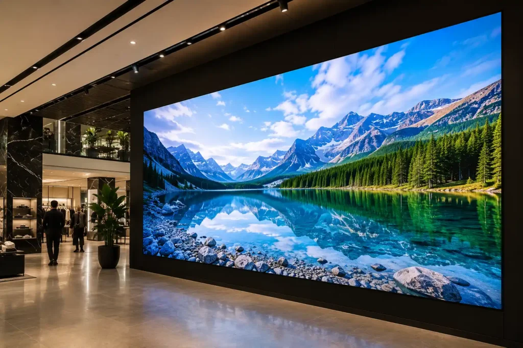 Seamless Direct View LED display wall installed in a luxury retail environment showing brand imagery