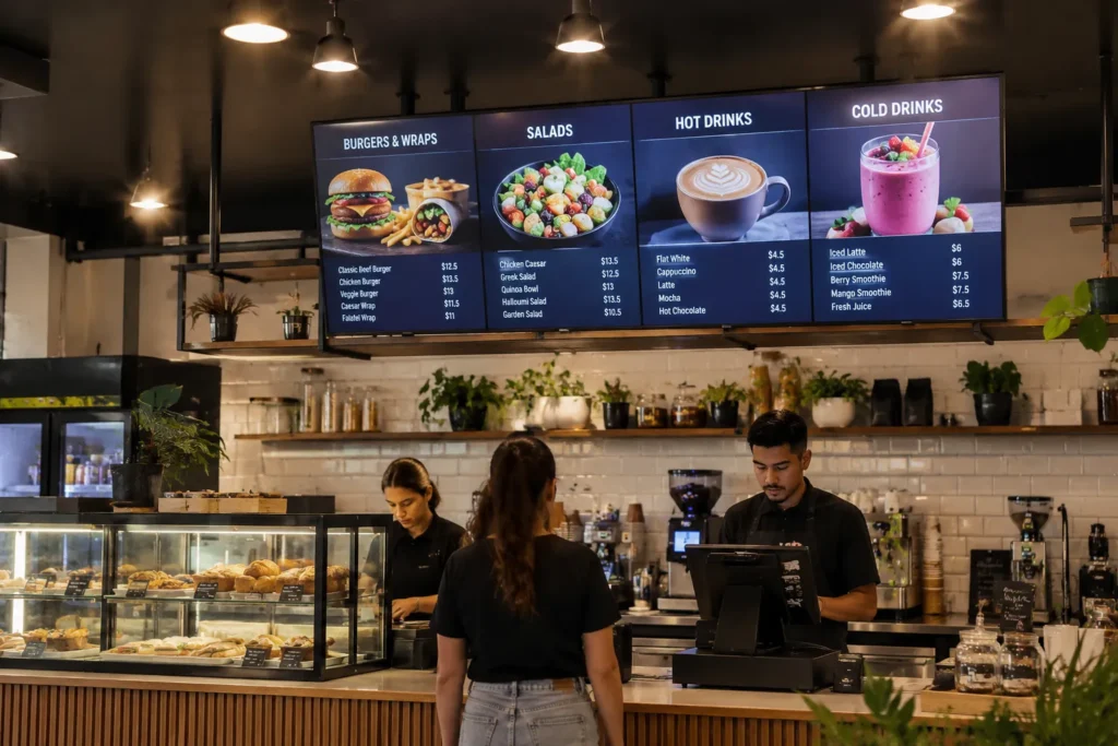 High brightness commercial display showing digital menu board content in a brightly lit cafe environment