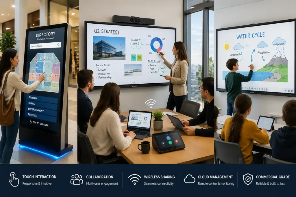 Commercial interactive digital signage solutions including touchscreen kiosks, interactive whiteboards, collaboration displays, and customer engagement systems across retail, education, and corporate environments