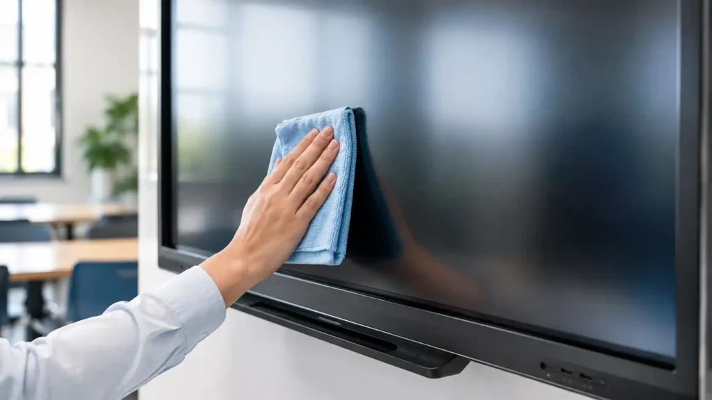 Best Interactive Whiteboard 2026 – Smart Learning & Collaboration 10 Commercial interactive whiteboard display surface being cleaned showing anti-microbial coating and tempered glass durability for education and healthcare environments