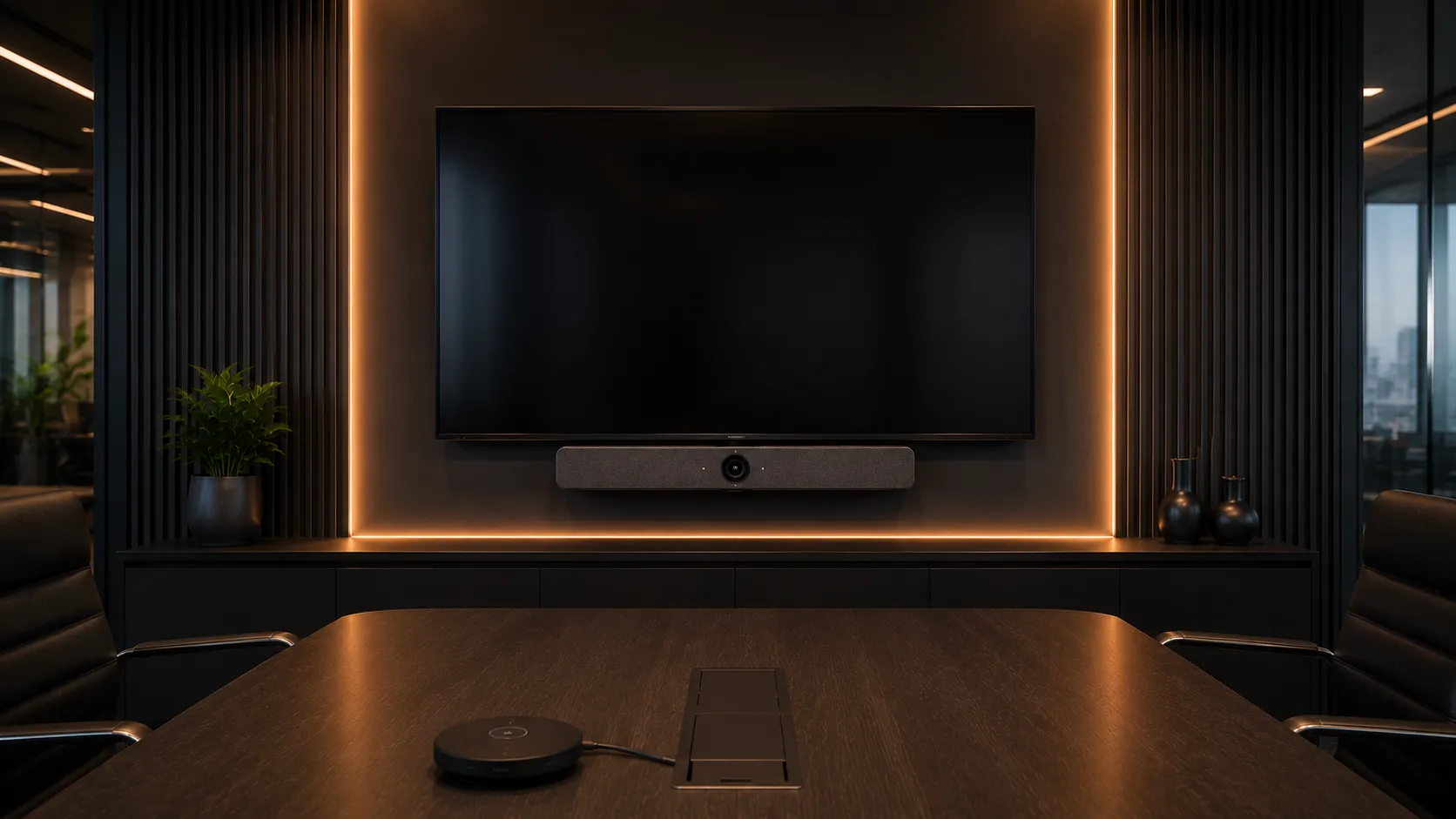 Android appliance-based Teams Rooms conferencing bar showing clean minimal cabling installation