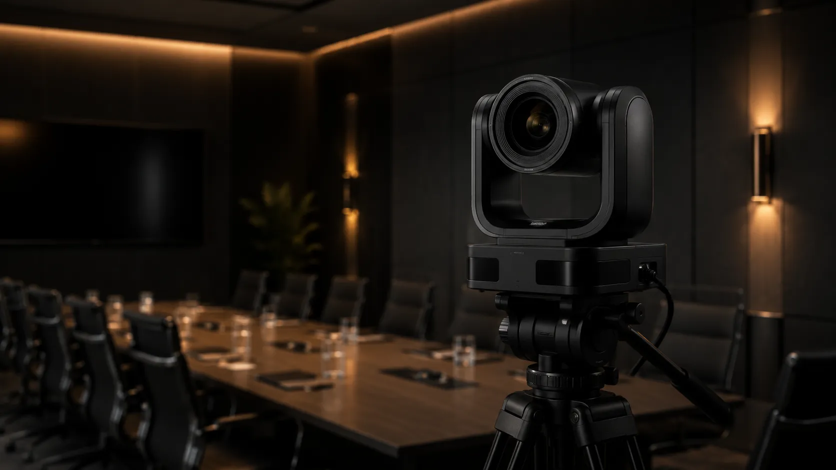 AVer PTZ camera on tripod in large conference room — professional broadcast form factor, warm amber lighting — Kickstart Computers Australia