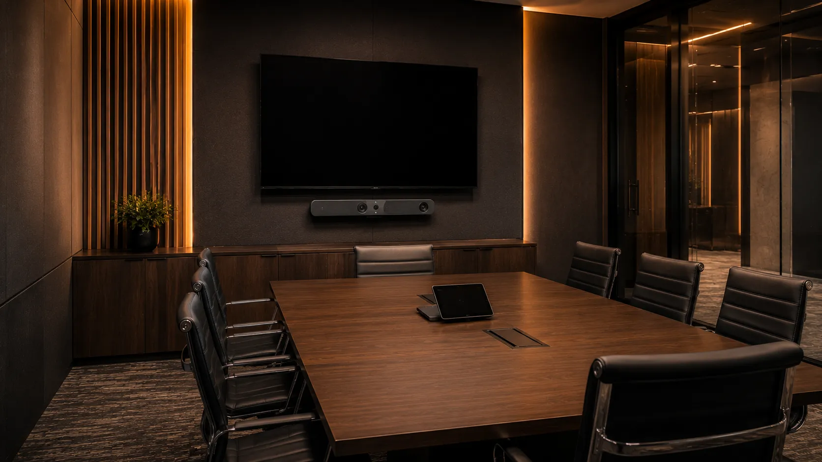 Modern AVer VB342 Pro dual-camera conferencing bar installed in medium meeting room with AI speaker tracking — Kickstart Computers Australia