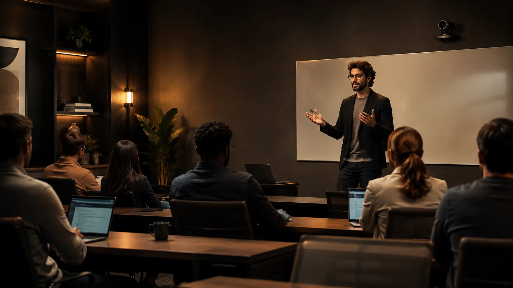 Corporate training room with presenter standing near whiteboard, wall-mounted AVer tracking camera following presenter movement — warm amber and charcoal tones — Kickstart Computers Australia