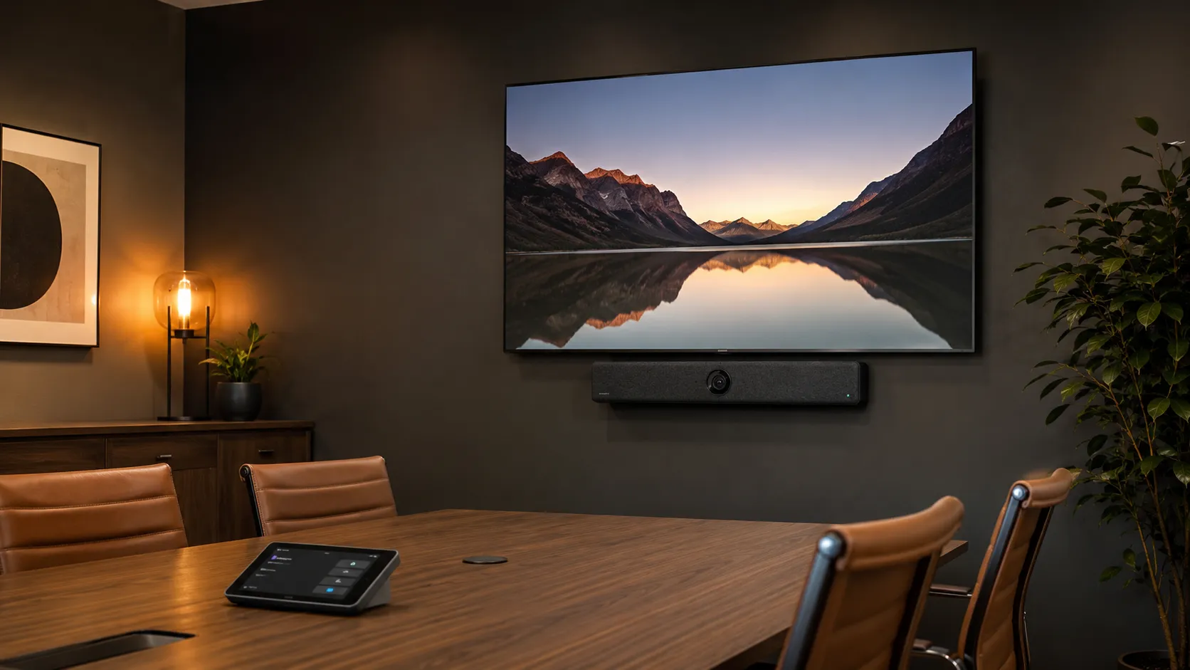 AVer VB series all-in-one conference bar mounted below a display in a medium meeting room — clean single-device installation, warm amber lighting — Kickstart Computers Australia