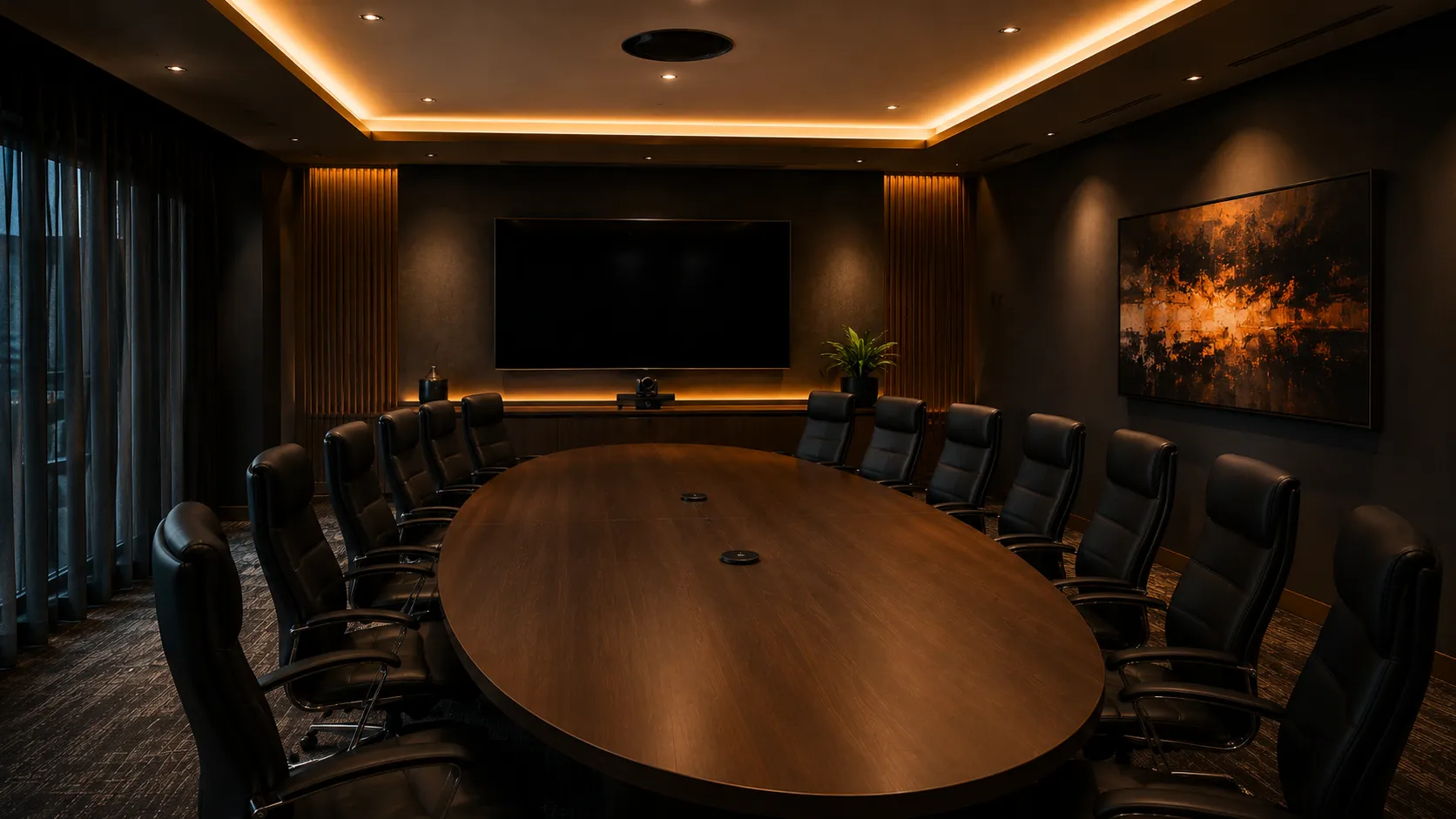 Executive boardroom with premium oval table, ceiling microphone array, large wall-mounted display and subdued executive lighting — Kickstart Computers Australia