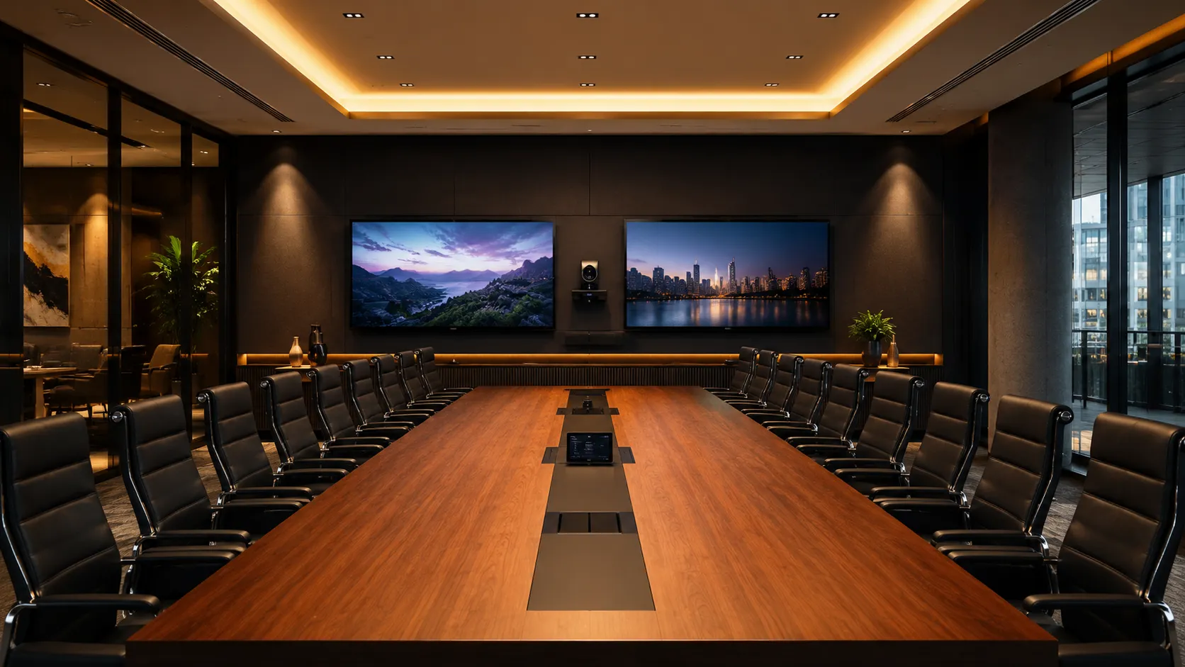 Large executive boardroom with dual displays, PTZ camera and conferencing setup — warm amber lighting, symmetrical composition