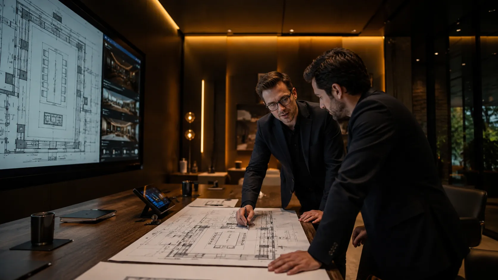 Kickstart Computers consultant reviewing boardroom AV plans with a client