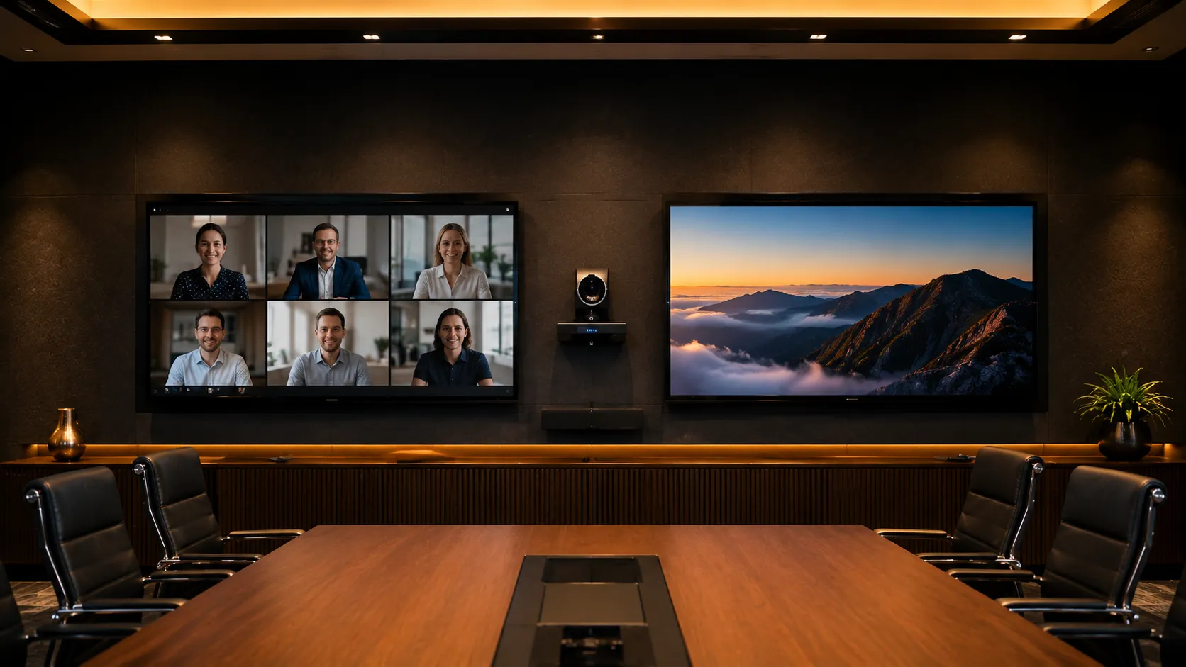 Boardroom end wall with dual displays — one showing remote participants, one showing content — PTZ camera mounted between