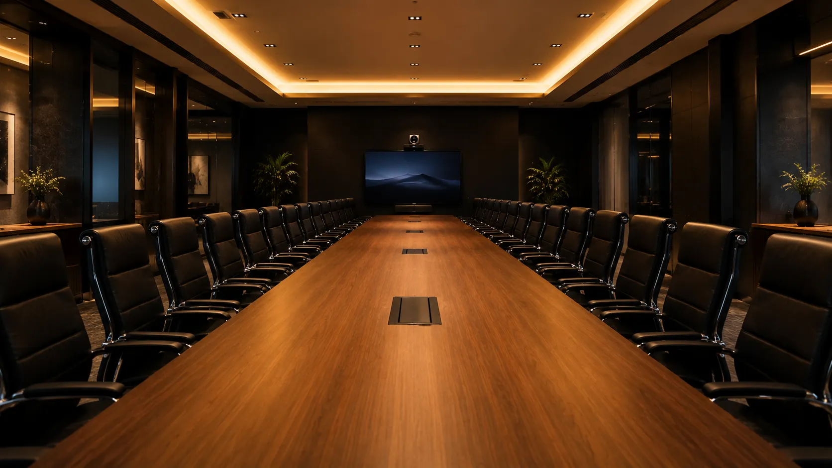 Long executive boardroom table viewed from one end with PTZ camera visible at far end