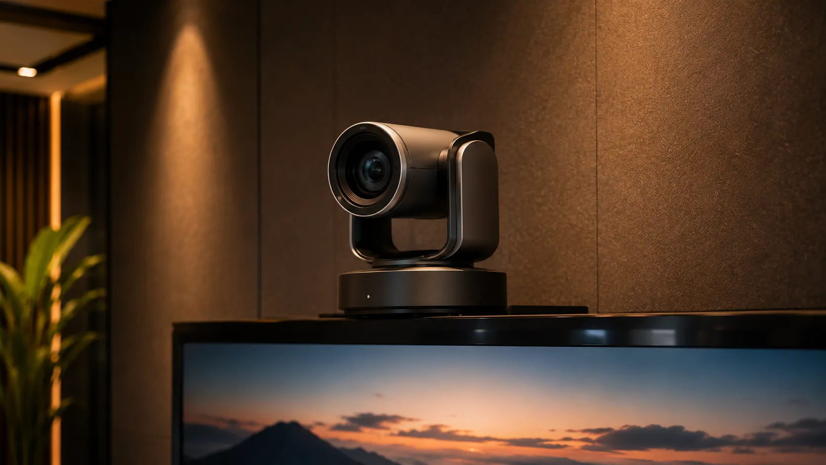 PTZ conferencing camera mounted above a display in an executive boardroom — close-up showing pan-tilt mechanism