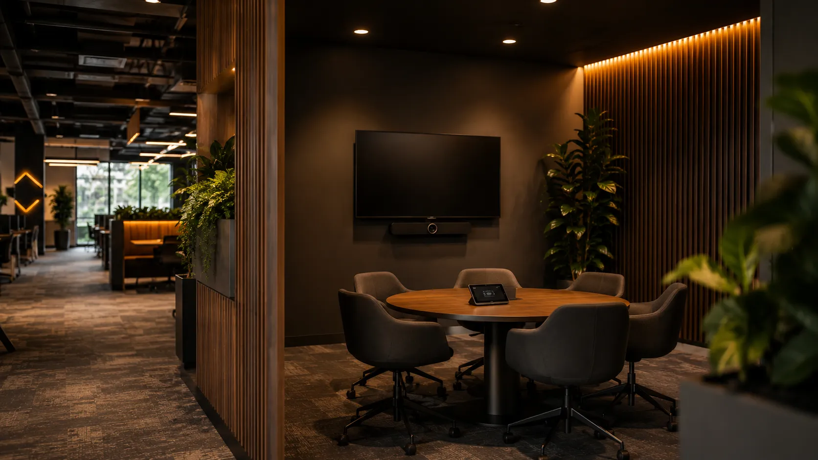 Small Meeting Room & Huddle Space Video Conferencing Australia 4 Open plan breakout space with video conferencing setup, directional microphones, semi-enclosed booth feel within larger workspace — Kickstart Computers Australia