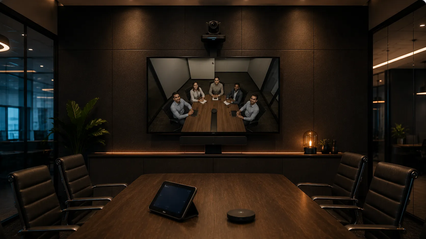 Video conferencing camera mounted at incorrect height above display in a meeting room showing poor angle