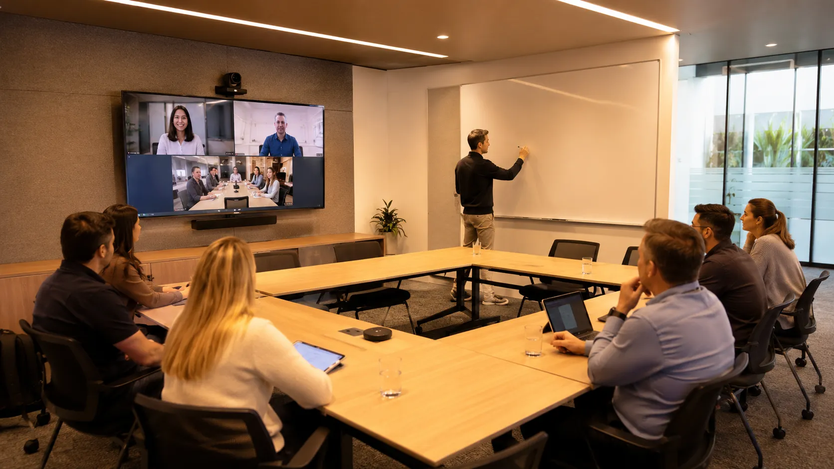 Training Room & Collaboration Space AV — Australian Guide 1 Modern corporate training room with U-shaped table arrangement, PTZ camera on wall mount and large display showing hybrid video call — Kickstart Computers Australia