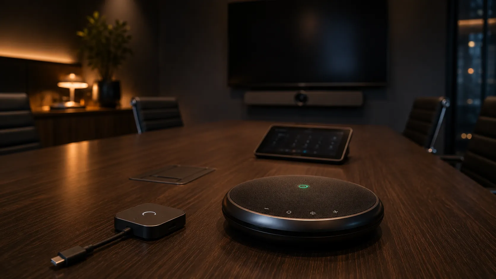 Conference speakerphone and wireless presentation system on a boardroom table