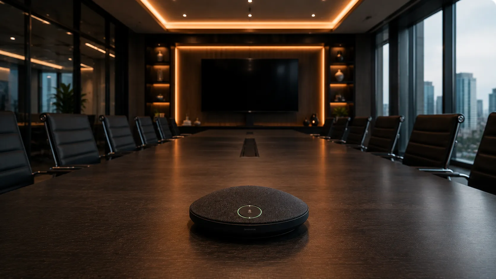 Conference table microphone array showing coverage area in a large meeting room