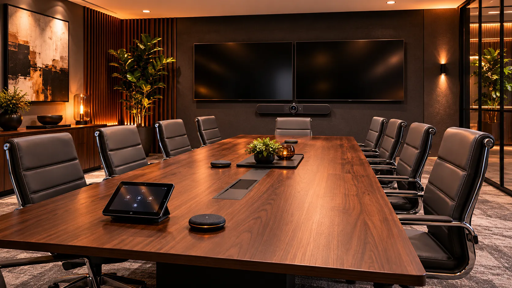 Medium Meeting Room & Conference Room Video Conferencing Australia 3 Conference room or client meeting room with 8 to 10 person table, dual displays with video conferencing system, formal client-facing meeting setup, warm amber lighting — Kickstart Computers Australia