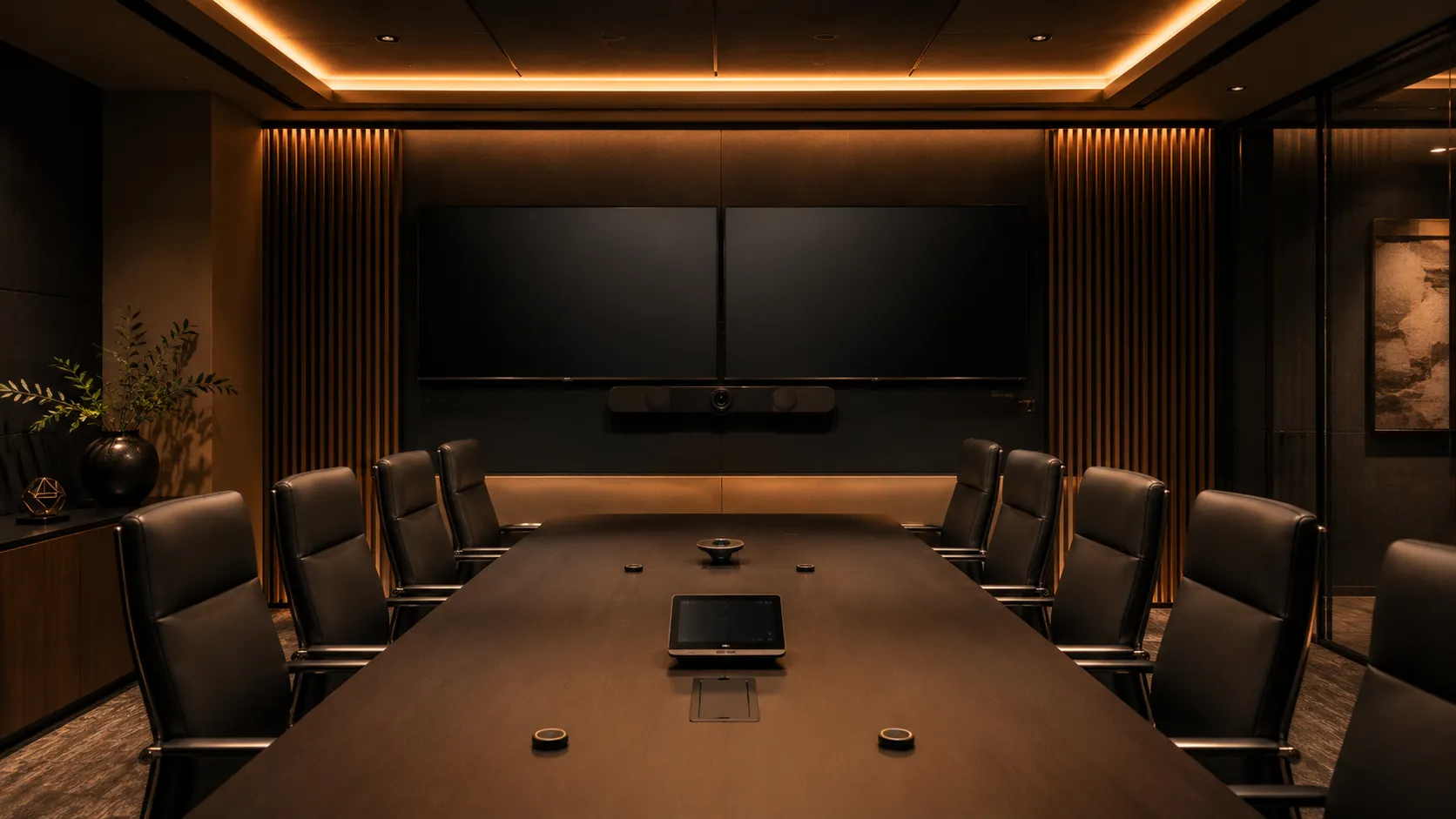 Medium Meeting Room & Conference Room Video Conferencing Australia 6 Dual-display premium conference room with dual-camera video conferencing system, formal client-facing setup, executive boardroom-style table — Kickstart Computers Australia