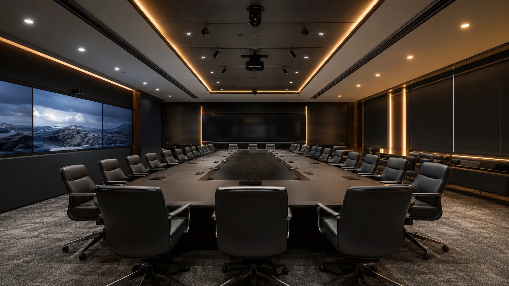 Premium executive boardroom with 20 or more seats, multiple displays, ceiling cameras and microphone arrays