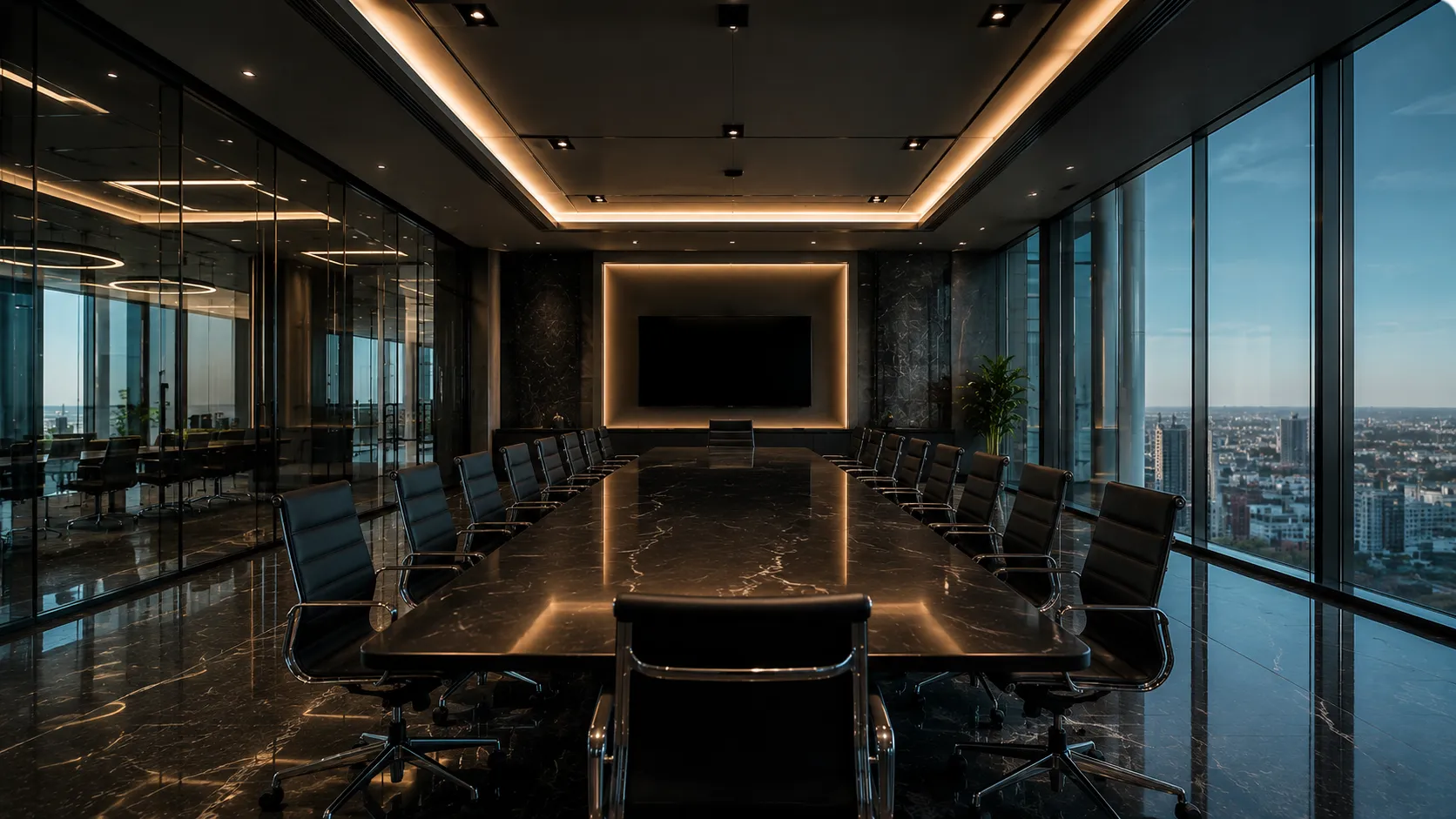 Modern glass-walled boardroom showing reflective surfaces that cause echo during hybrid meetings