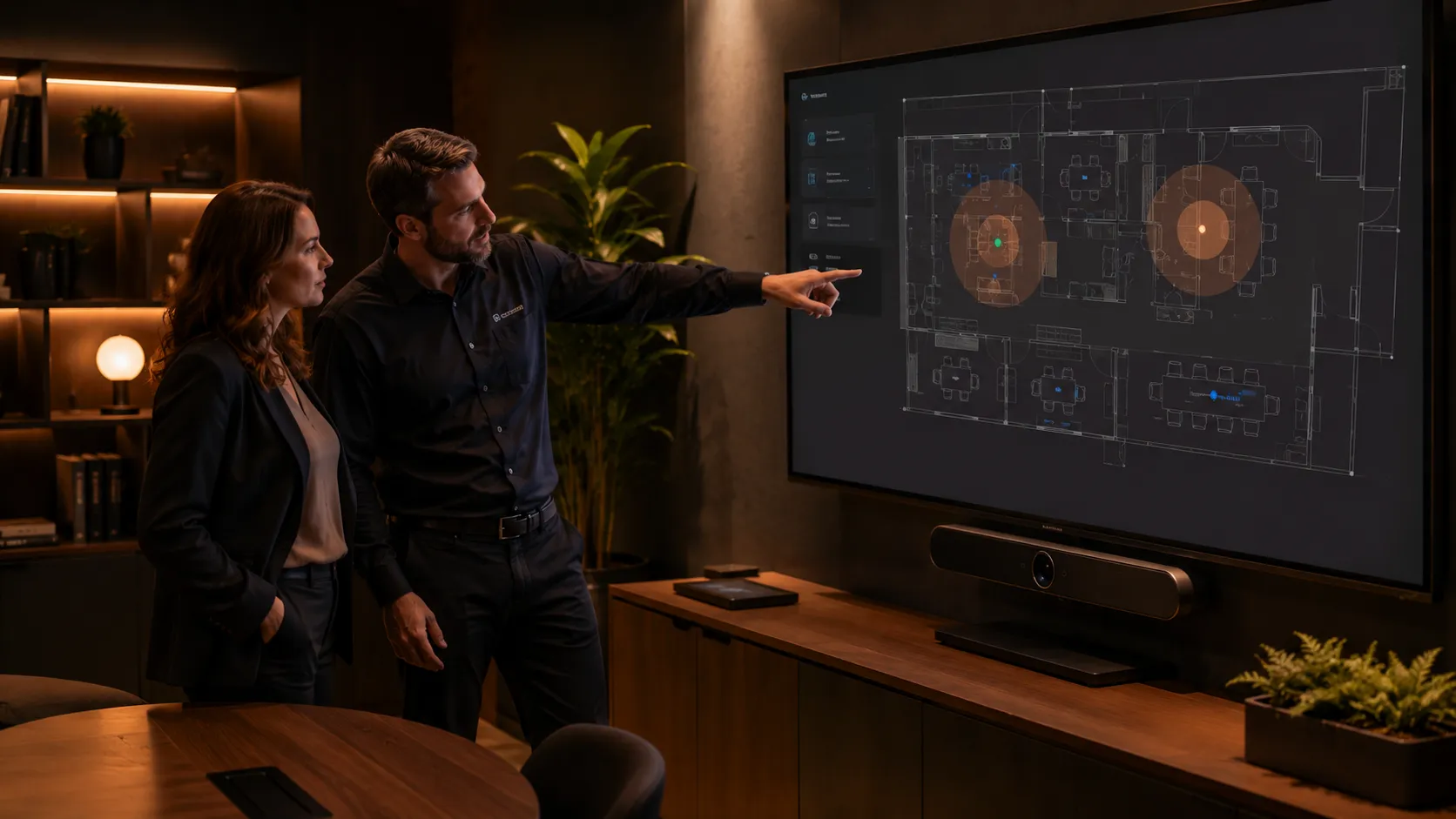 Kickstart Computers consultant reviewing Zoom Rooms setup with a client in a corporate environment