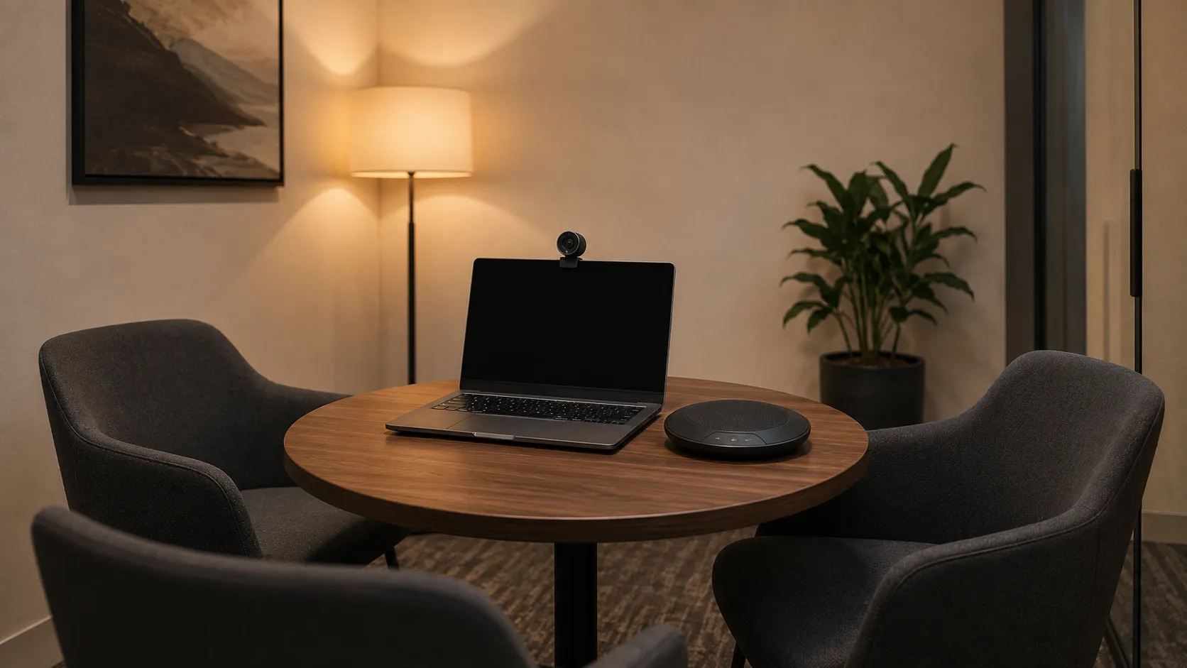 Jabra PanaCast 20 USB camera on laptop screen with Speak2 speakerphone on table in a small huddle room — simple BYOD setup — Kickstart Computers Australia