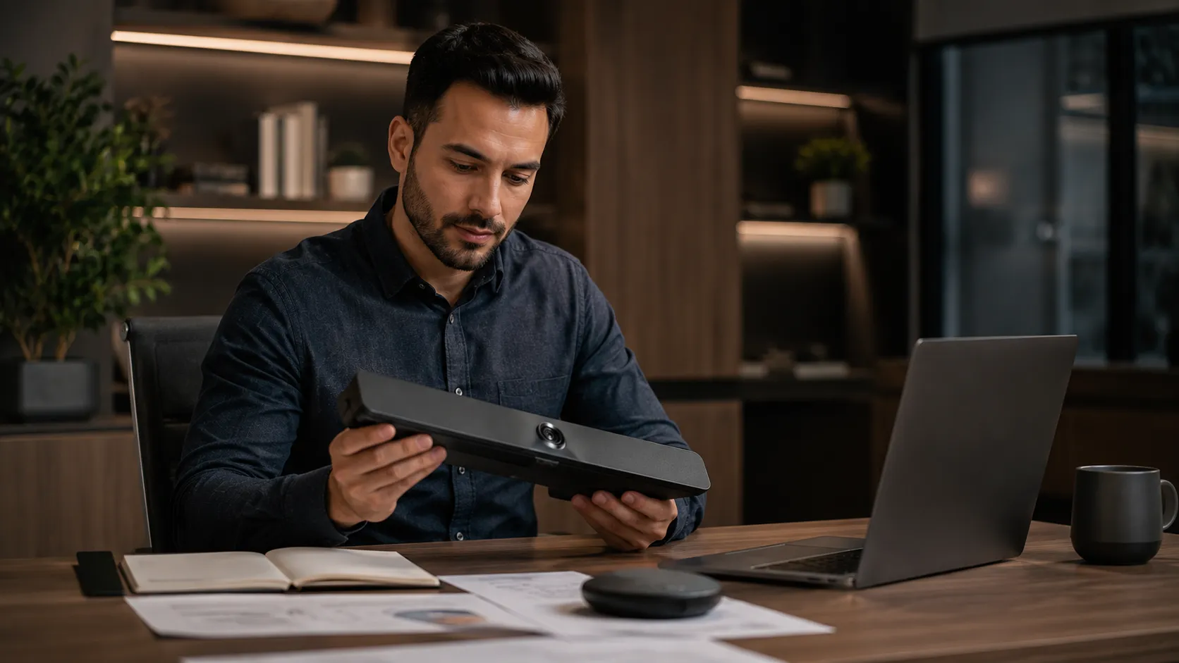 Professional technology advisor reviewing conferencing equipment in a clean corporate office — warm ambient lighting — Kickstart Computers Australia