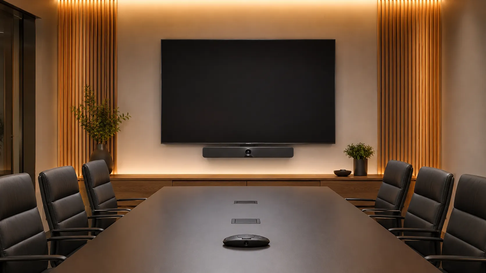 Jabra PanaCast conference bar mounted below a large display in a clean corporate meeting room — warm amber lighting — Kickstart Computers Australia