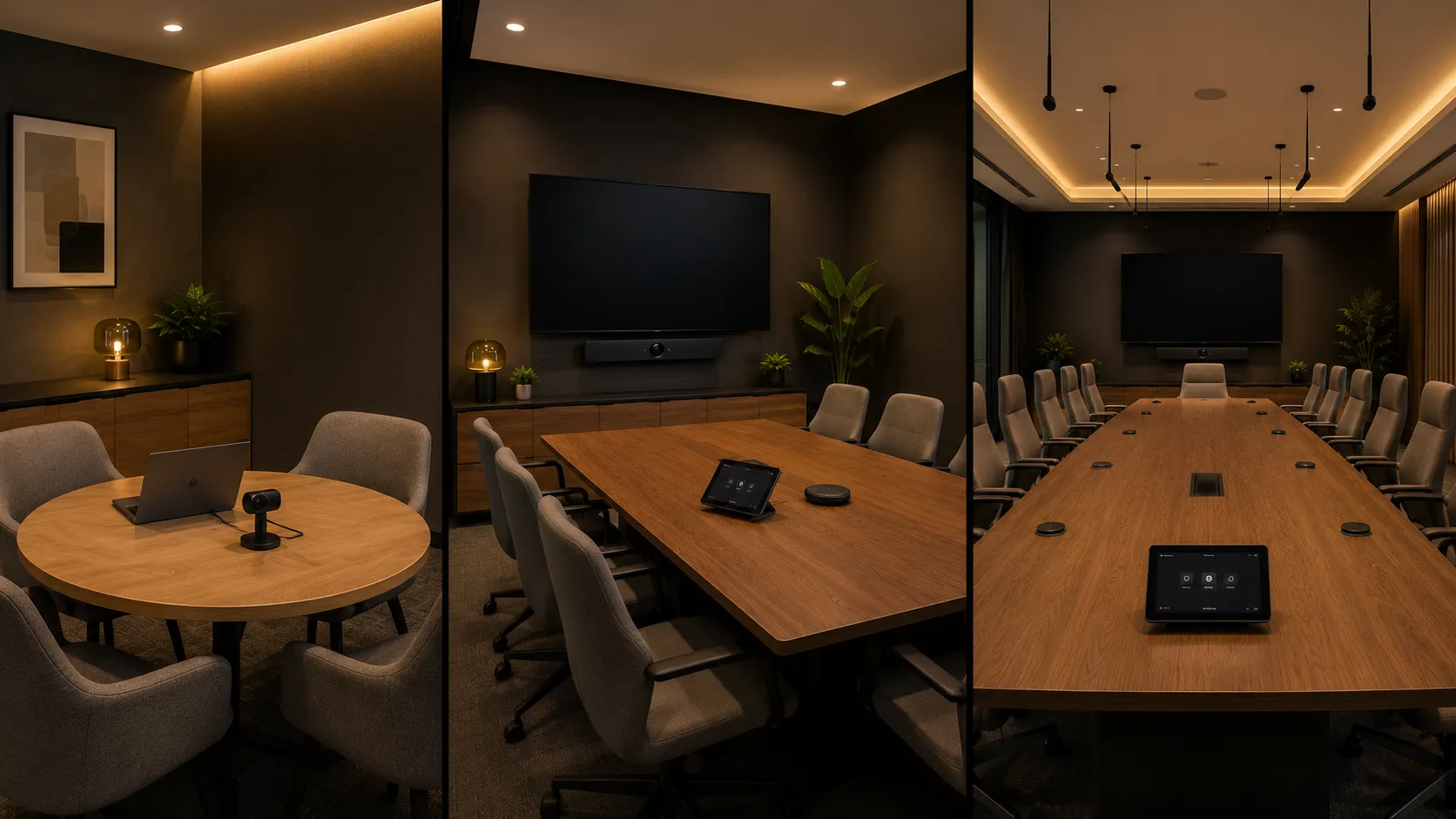 Three corporate meeting rooms — small huddle space with BYOD setup, medium conference room with PanaCast 50 VBS, and large boardroom with Shure ceiling microphones — Kickstart Computers Australia