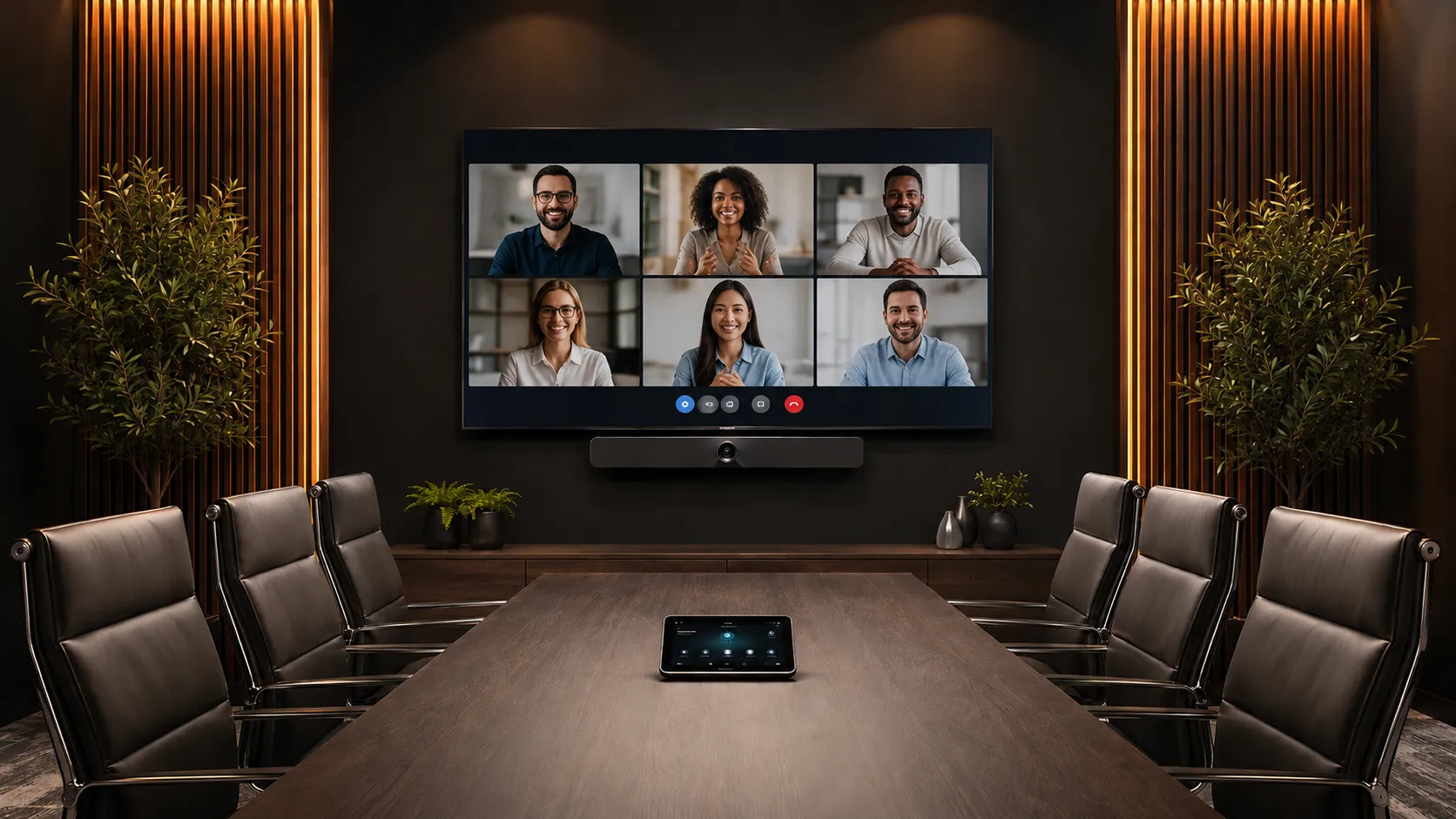 Corporate meeting room display showing video conferencing interface — Jabra PanaCast bar mounted below screen, warm amber lighting — Kickstart Computers Australia